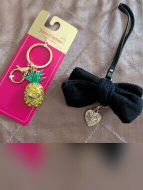 NEW Juicy Couture Yellow Pineapple Bling Keychain Gold & Black Velvet Bow Charms